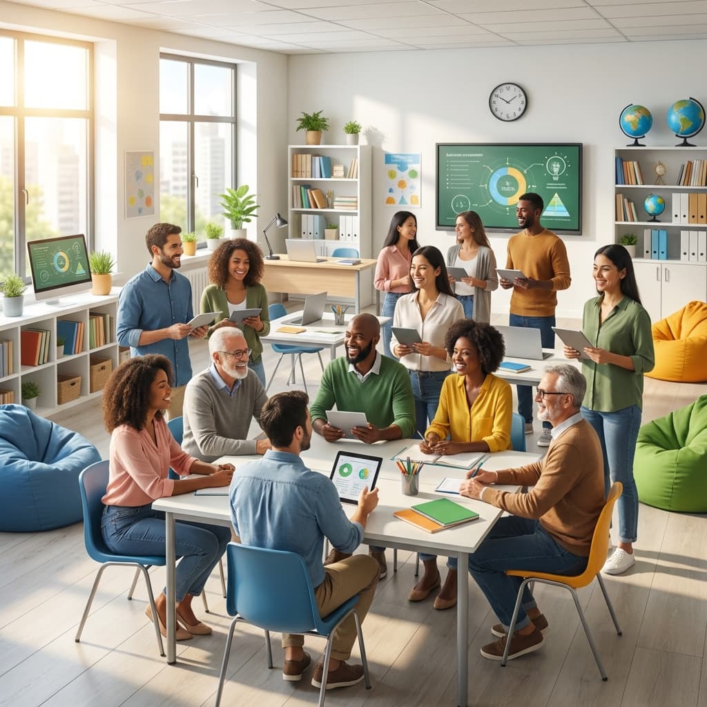Professores felizes em sala de aula